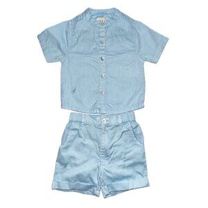Organic Sky Blue Cotton Woven Collar Shirt and Bermuda Shorts, 6 - 12 months